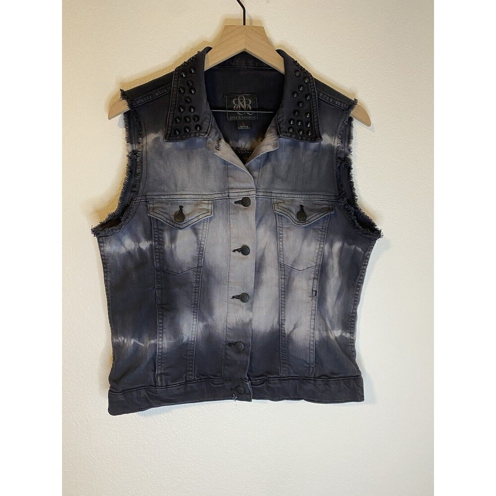 Rock And Republic Gunshow Vest Studded Black Tie Dye Cutoff Arm Sz L - Picture 1 of 3
